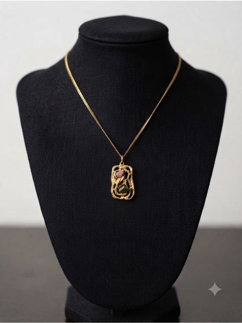 Vintage Brutalist Gold-Tone Pendant Necklace with Organic Green and Pink Stones